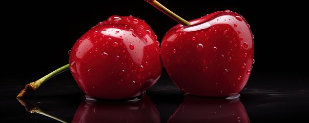 Wall Mural - Fresh red cherries with water splashes in the photo on a black background. generative AI