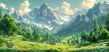 A Serene Mountain Retreat: A Tranquil Getaway Amidst The Snow-Capped Peaks Generative AI