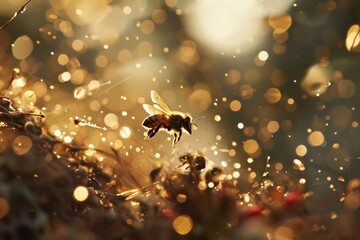 Wall Mural - In a realm where fantasy blurs with the micro wonders of nature, a single bee is captured in sharp relief against a blur of its companions.