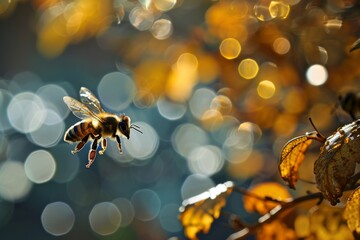 Wall Mural - In a realm where fantasy blurs with the micro wonders of nature, a single bee is captured in sharp relief against a blur of its companions.
