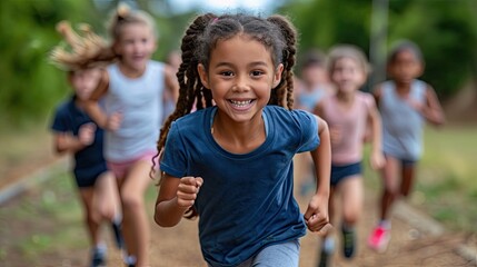 Wall Mural - Young Children Racing on Track, Full of Joy and Energy.