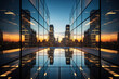 A mesmerizing and artistic depiction of a cityscapes reflection on a glass wall, creating a captivating abstract background design. Skyscraper glass mirror facade reflection
