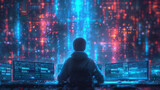 Fototapeta Przestrzenne - a person hacker coding with digital code background and digital security