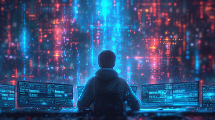 a person hacker coding with digital code background and digital security