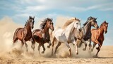 Fototapeta Do przedpokoju - Group of horses running gallop in the desert.