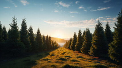 Wall Mural - path as firebreak in pine forest at sunset. ecology and nature care