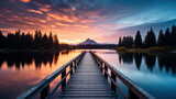 Fototapeta Las - amazing landscape of wooden pier on lake with mountain at sunset