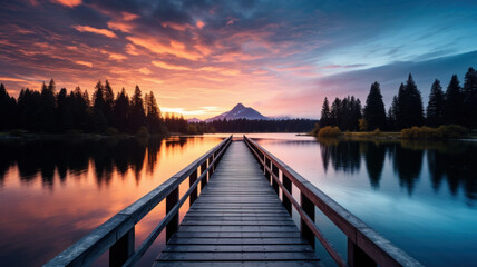 Wall Mural - amazing landscape of wooden pier on lake with mountain at sunset