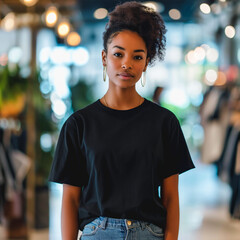 Wall Mural - Black T-shirt Mockup, Black Woman, Girl, Female, Model, Wearing a Black Tee Shirt and Blue Jeans, Oversized Blank Shirt Template, Standing in a Clothing Store, Close-up View