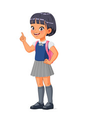 Wall Mural - Smart little Asian school girl index finger pointing up with idea. Cartoon vector illustration.