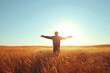 © forenna - person standing in an open field with arms outstretched, basking in the eternal sunshine, symbolizing a sense of freedom and clarity of thought in a minimalistic style
