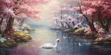 A Cherry Blossom Garden In Full Bloom, Where A Family Of Swans Swims In A Tranquil Pond, And Butterflies Dance In The Soft Breeze.