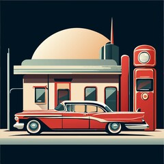 Car gas station in retro style. Classic car with gas station. Raster version of a vector illustration.