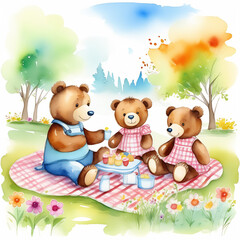 Wall Mural - Watercolor weekend of parent with kids in the sunny forest.Toy bear family picnic on the flower lawn.  Lovely cartoon lunch painting. 