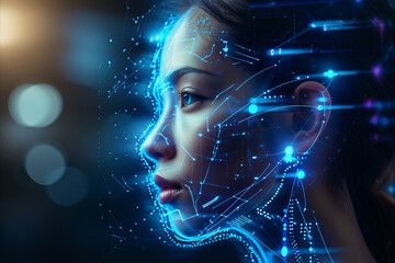Poster - Portrait of a futuristic android woman with advanced technology data overlay