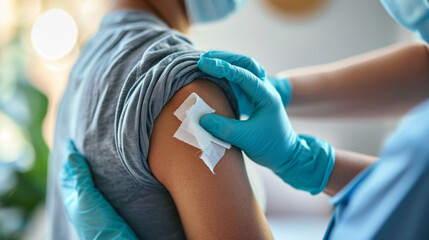 healthcare professional is applying a bandage to the upper arm of a patient after an injection or blood draw