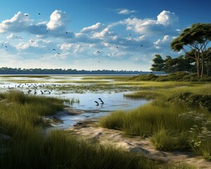 Wall Mural - A coastal estuary with tall grasses and calm waters, providing a haven for migratory birds and a peaceful retreat for nature enthusiasts.