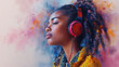Music vibes. Young black beautiful girl with red headphones is listening the music with closed eyes. Enjoy of music concept. Colourful background. Watercolour illustration. Selective focus