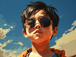 Wall Mural - Cool Asian kid with sunglasses , outdoors, avatar, profile, generated by AI
