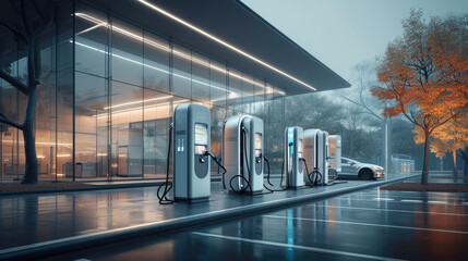 Wall Mural - Charging stations for electric vehicles for IT specialists, side view, streamlined glass facades, minimalist, innovative elements on each building. Generative AI.