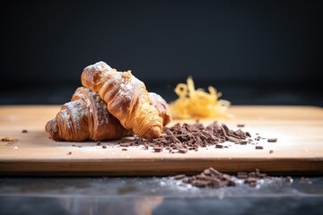 Wall Mural - chocolate croissant on a slate board with cocoa dust