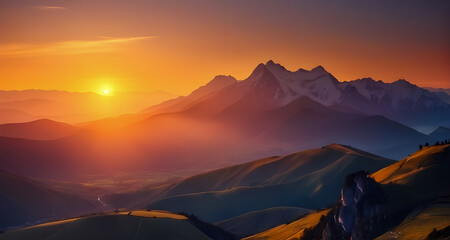 Wall Mural - Panorama of sunset in the mountains with forest, green grass and big shining sun on dramatic sky