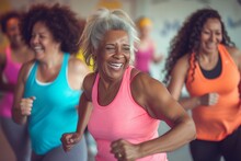 Mature Female Adults With Silver Hair Doing Sports Indoors. Middle-aged Cheerful Women Having Fun At Zumba Dancing Or Aerobics Class. Athletic Training And Bodies In Old Age