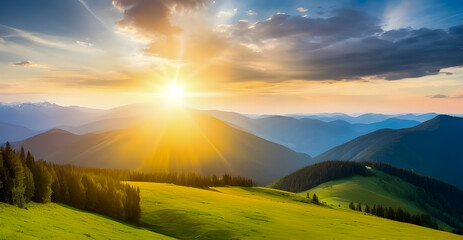 Wall Mural - Panorama of sunset in the mountains with forest, green grass and big shining sun on dramatic sky