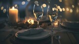Fototapeta  - Elegant dining setup with crystal clear wine glasses and lit candles creating a warm, intimate ambiance, highlighted by soft glowing lights in the background. Ai generated
