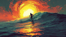 Surfing With Sun In The Background. Black Silhouette