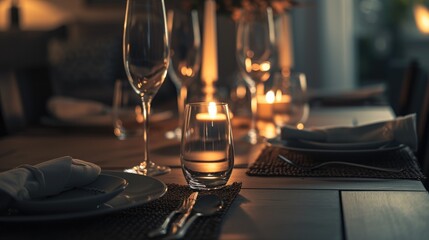 Elegant dining setup with crystal clear wine glasses and lit candles creating a warm, intimate ambiance, highlighted by soft glowing lights in the background. Ai generated
