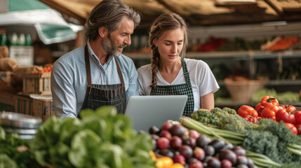 Couple Discussing Agricultural Produce Inventory while Using a Laptop. Generative AI.