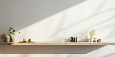 Available kitchen desk for your personal decoration and product display against a white wall with shadows.