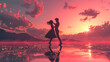 Valentine's day illustration featuring a silhouette of a dancing couple at sunset
