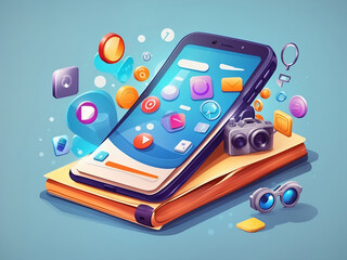 Wall Mural - smartphone software and applications. phone, book, camera, and messenger icon in cartoon style. the 