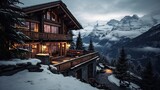 Fototapeta Góry - Quaint Swiss chalet surrounded by majestic snow-covered mountains. Rustic alpine getaway, snowy peaks, charming chalet. Generated by AI.