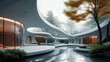 Modern style outdoor courtyard, rich landscape space, dark curved structures, fluidity, freedom, futuristic feeling. Generative AI.