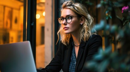Wall Mural - Young businesswoman wearing glasses, working on her laptop in the evening