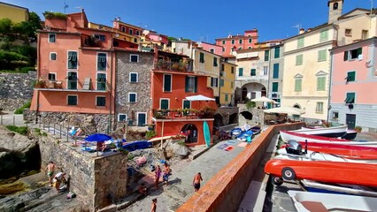 Poster - Italy, Liguria. Scenic colorful traditional village Tellaro with old fishing boats. la Spezia province 4k hd video
