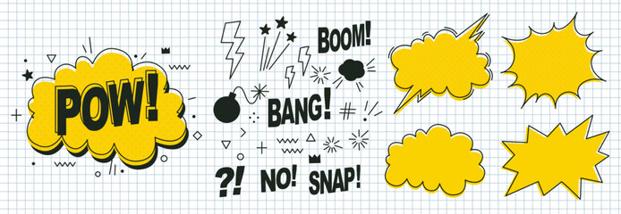Speech bubbles, effects set hand-drawn with a pen in a check notebook. Doodle anime icons. Comic text sound effects. Banner, poster, sticker concept. Anime manga funny style text Boom, Pow, Bang, Snap