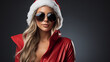 © Anastasiia - Woman in a santa claus hat, Beautiful blonde girl in red white hat, Birthday Valentine day disco party celebration concept, copy space, International Women day, 14 February, Chinese New Year