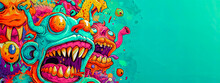 Vibrant And Chaotic Graffiti-style Artwork With Cartoonish Monsters In Vivid Colors Splattered Against A Turquoise Background.