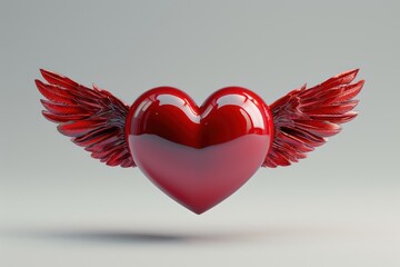 Wall Mural - Red heart with angel wings, valentines day background. Generative AI