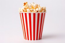 White Popcorn From A Striped Paper Cup On A White Background Popcorn On The Go, 