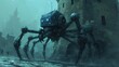 5 small fantasy spiders-like creatures with aspects of robot weaves a web, medieval tower