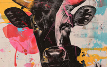 Vaca, Colagem, Estilo Pop, Retratos Impressos Em Risografia Em Papel