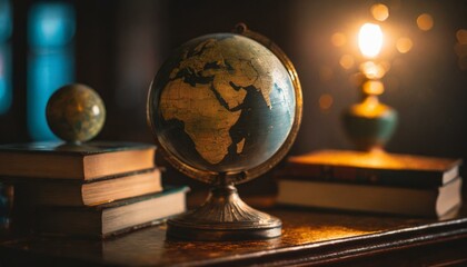 Vintage Exploration: An Old Globe Adorns a Classic Desk with Travel Books, Emanating Nostalgic Charm and a Call to Adventure