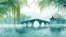 Panoramic Chinese Landscape, Freehand Brushwork, Traditional Chinese Architecture. There Is An Ancient Chinese Arch Bridge. Green Willow Tree West Lake,