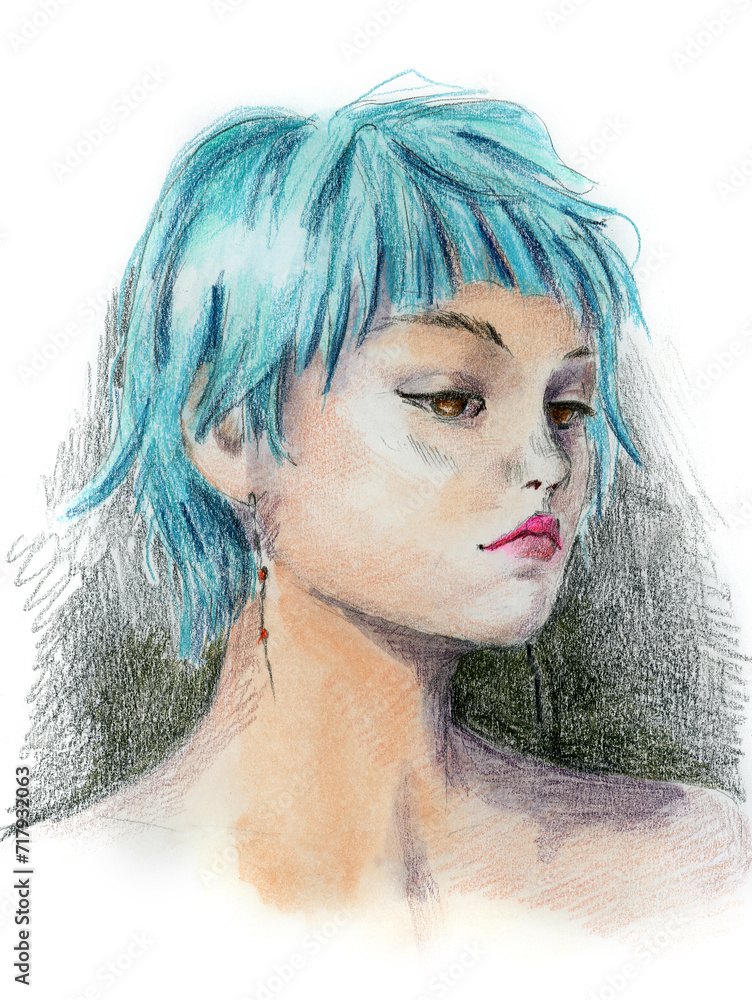Watercolor and colored pencils portrait of a young girl with brown eyes ...