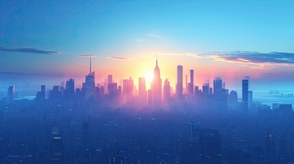 Wall Mural - sunrise over the city, blue sky and city, City Sky Scrapers with blue and bright skies Vector silhouette generative AI	